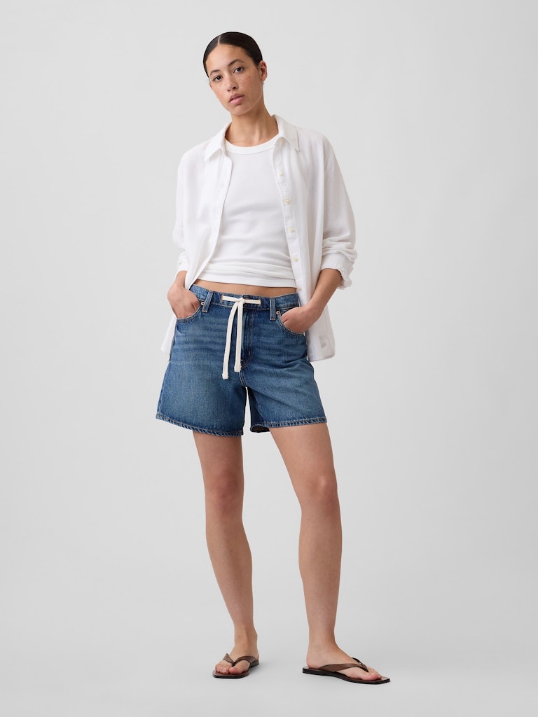 SuperSoft Drawstring Denim Midi Shorts: $35.99 SuperSoft Drawstring Denim Midi Shorts: $35.99