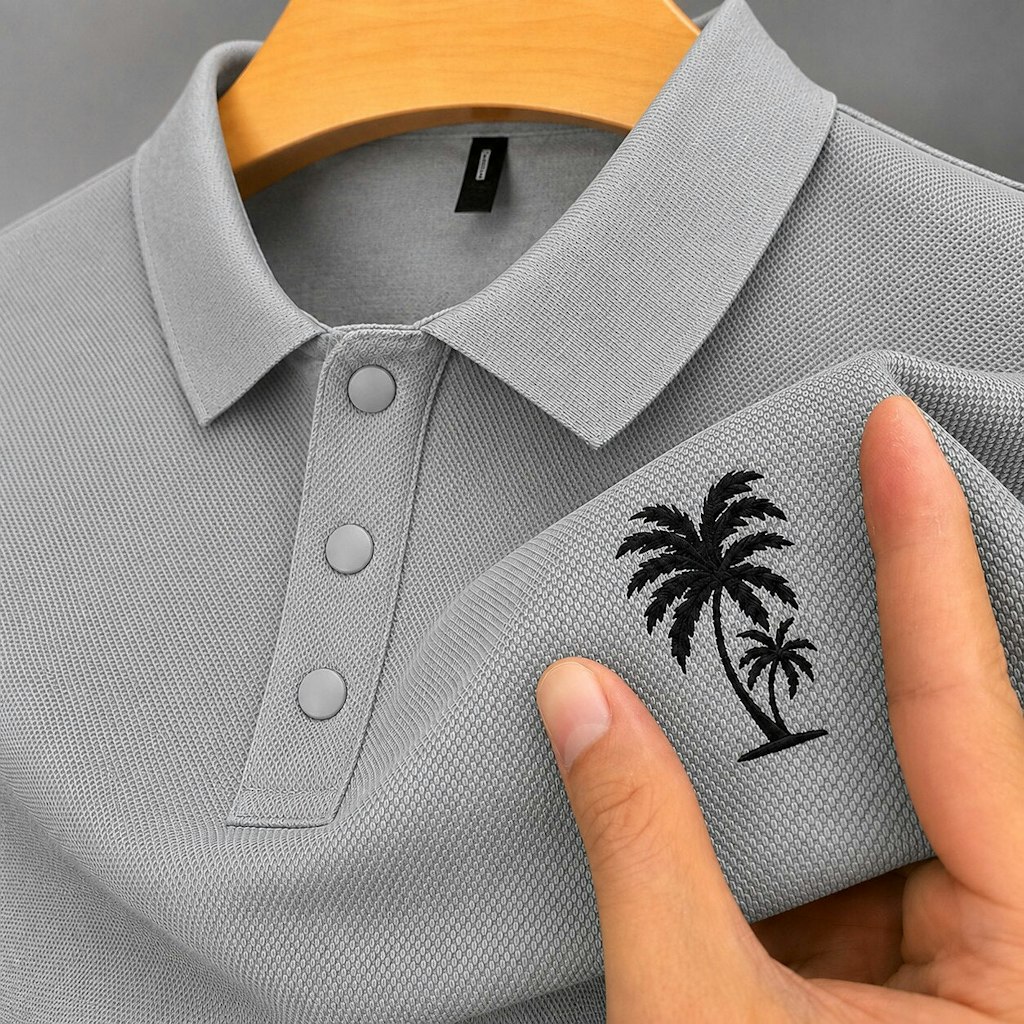 Men's Palm Tree Embroidered Cotton Pique Polo Shirt: 2 for $11