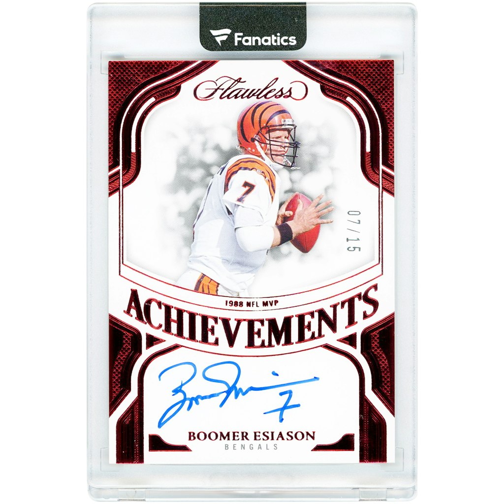 Boomer Esiason Cincinnati Bengals Autographed 2025 Panini Flawless Achievements Card 7/15: $149.99 Boomer Esiason Cincinnati Bengals Autographed 2025 Panini Flawless Achievements Card 7/15: $149.99