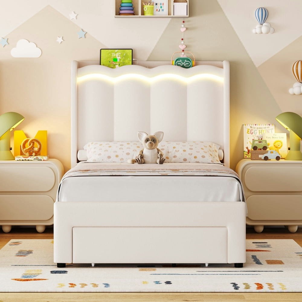 Hiphuta Twin Size Upholstered Bed with Storage Drawer and LED Headboard: $169.99 Hiphuta Twin Size Upholstered Bed with Storage Drawer and LED Headboard: $169.99