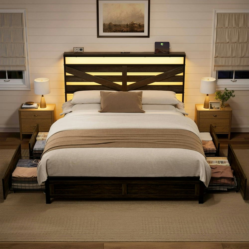 Gunaito Queen Industrial Metal Platform Bed with Storage Headboard and 4 Drawers: $125.99 Gunaito Queen Industrial Metal Platform Bed with Storage Headboard and 4 Drawers: $125.99