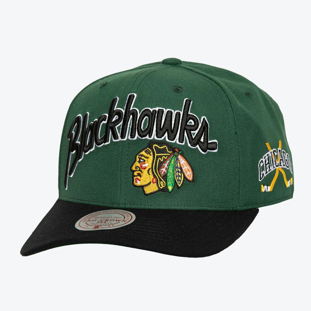 Mitchell & Ness x Just Don Chicago Blackhawks Wave Script Strapback Hat: $95 Mitchell & Ness x Just Don Chicago Blackhawks Wave Script Strapback Hat: $95