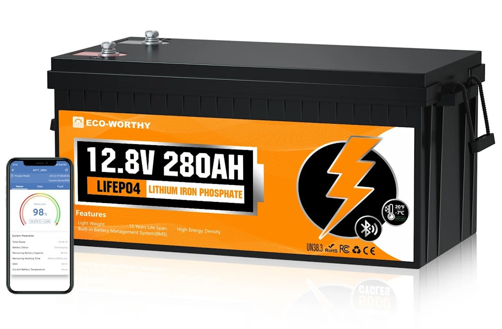 Eco-Worthy 3,584Wh 12V Bluetooth LiFePO4 Lithium Battery: $222