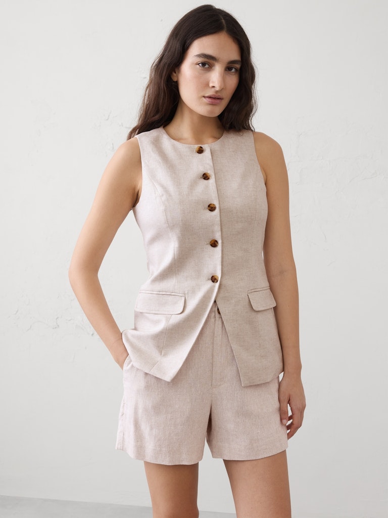 Linen-Blend Long Cutaway Vest: $60 Linen-Blend Long Cutaway Vest: $60