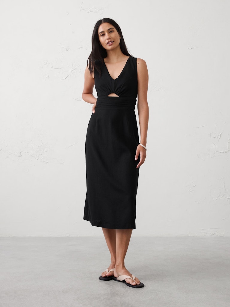 Linen-Blend Cutout Midi Dress: $96 Linen-Blend Cutout Midi Dress: $96
