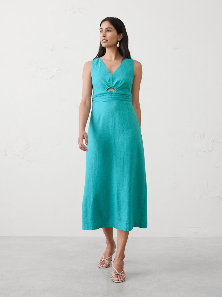Linen-Blend Cutout Midi Dress: $64 Linen-Blend Cutout Midi Dress: $64