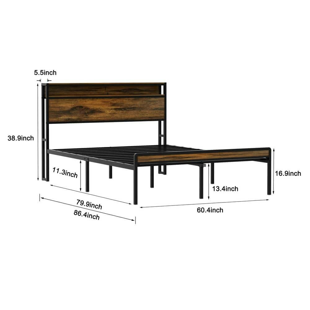 Queen Size Wood and Metal Platform Bed with LED Headboard and Charging Station: $224.19