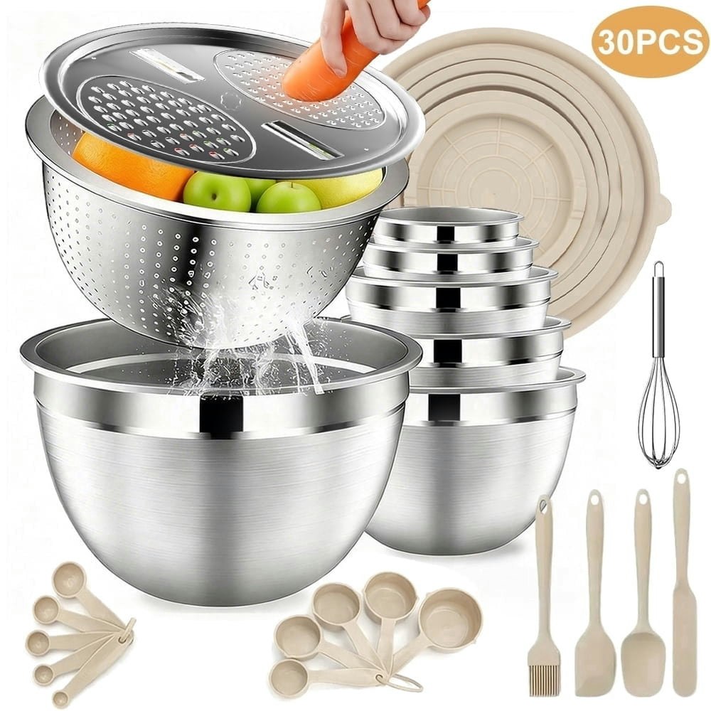 30-Piece Stainless Steel Mixing Bowl Set with Lids, Colander, and Grater: $22.99 30-Piece Stainless Steel Mixing Bowl Set with Lids, Colander, and Grater: $22.99
