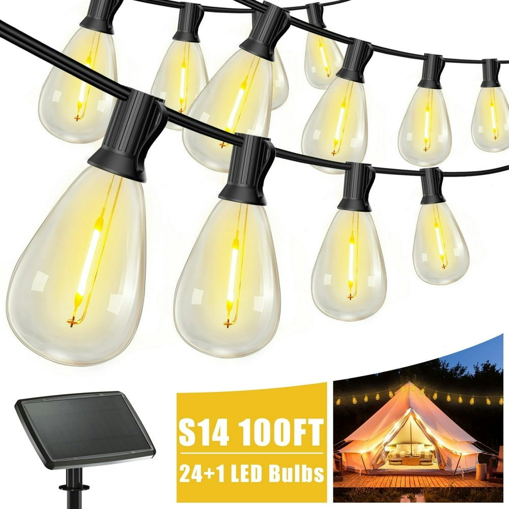Daybetter 100-foot Solar Outdoor String Lights with 24 S14 Bulbs: $34.99