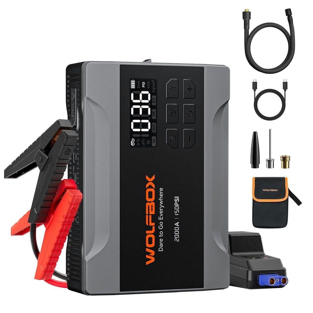 Wolfbox 2,000A 150-PSI Jump Starter and Air Compressor: $99.99