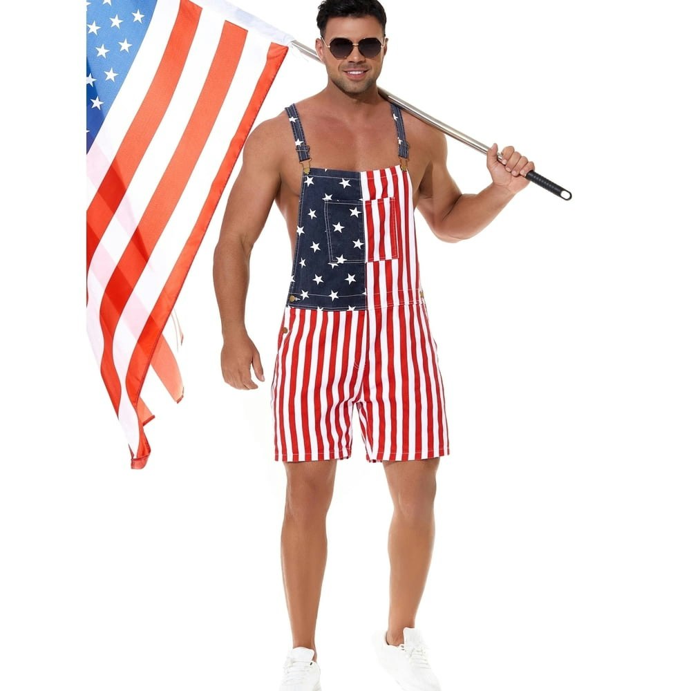 American Flag Denim Bib Overall Shorts: $35.09