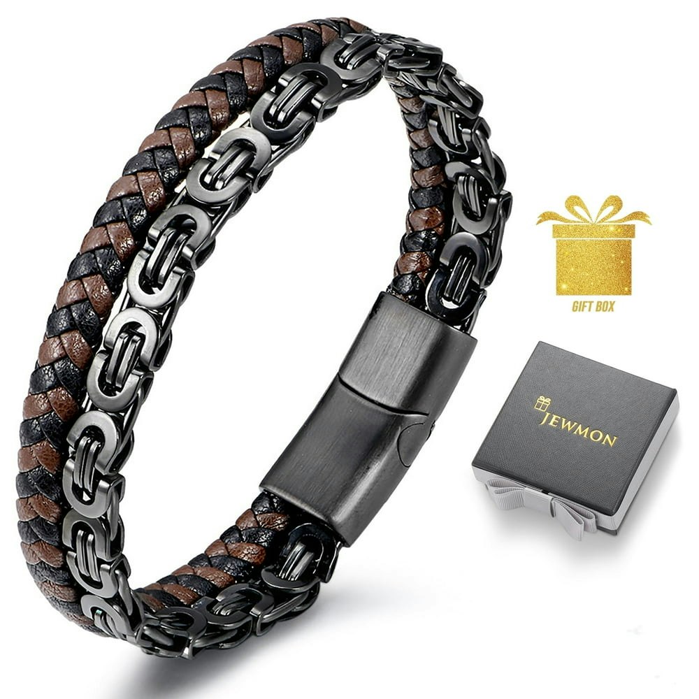 Jewmon Men's Stainless Steel and Leather Link Bracelet: $15.99 Jewmon Men's Stainless Steel and Leather Link Bracelet: $15.99
