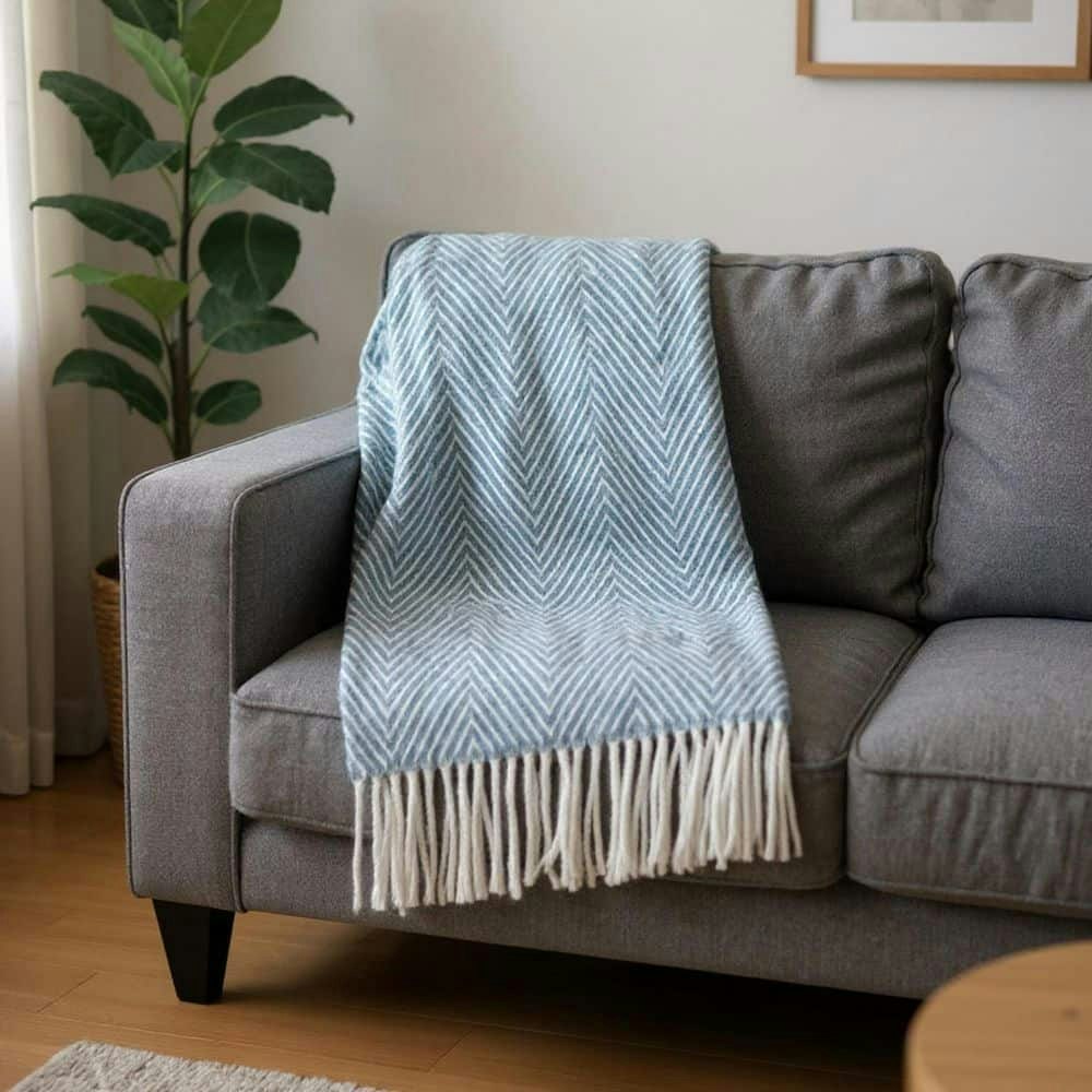 Blue Herringbone Cotton Blend Throw Blanket: $88.99