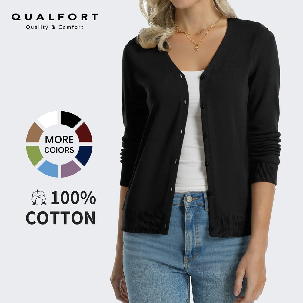 Qualfort Women's 100% Cotton V-Neck Long Sleeve Cardigan Sweater: $19.99 Qualfort Women's 100% Cotton V-Neck Long Sleeve Cardigan Sweater: $19.99