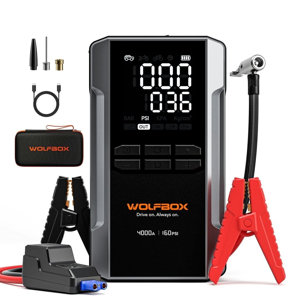 Wolfbox 4,000A 160-PSI Jump Starter and Air Compressor: $139.99 Wolfbox 4,000A 160-PSI Jump Starter and Air Compressor: $139.99