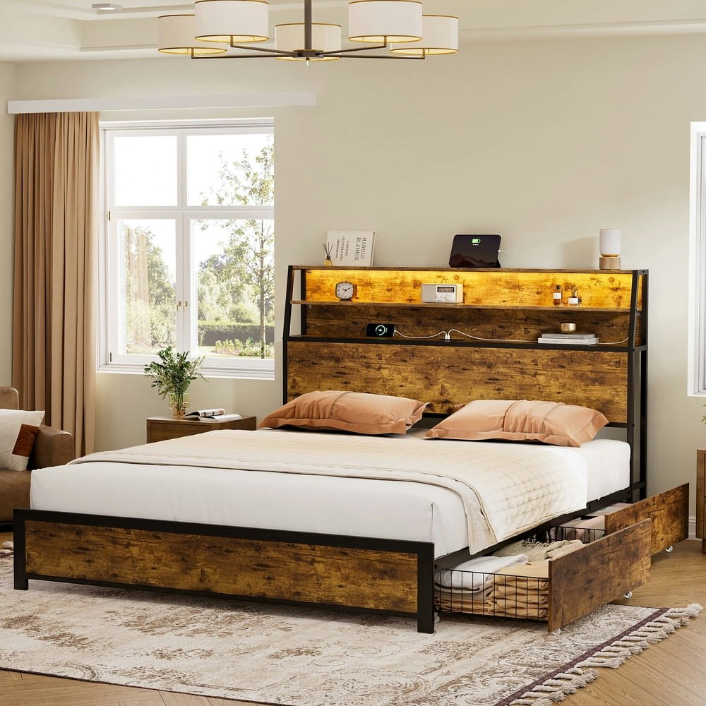 Gunaito Queen Storage Platform Bed Frame with LED Headboard: $169.99