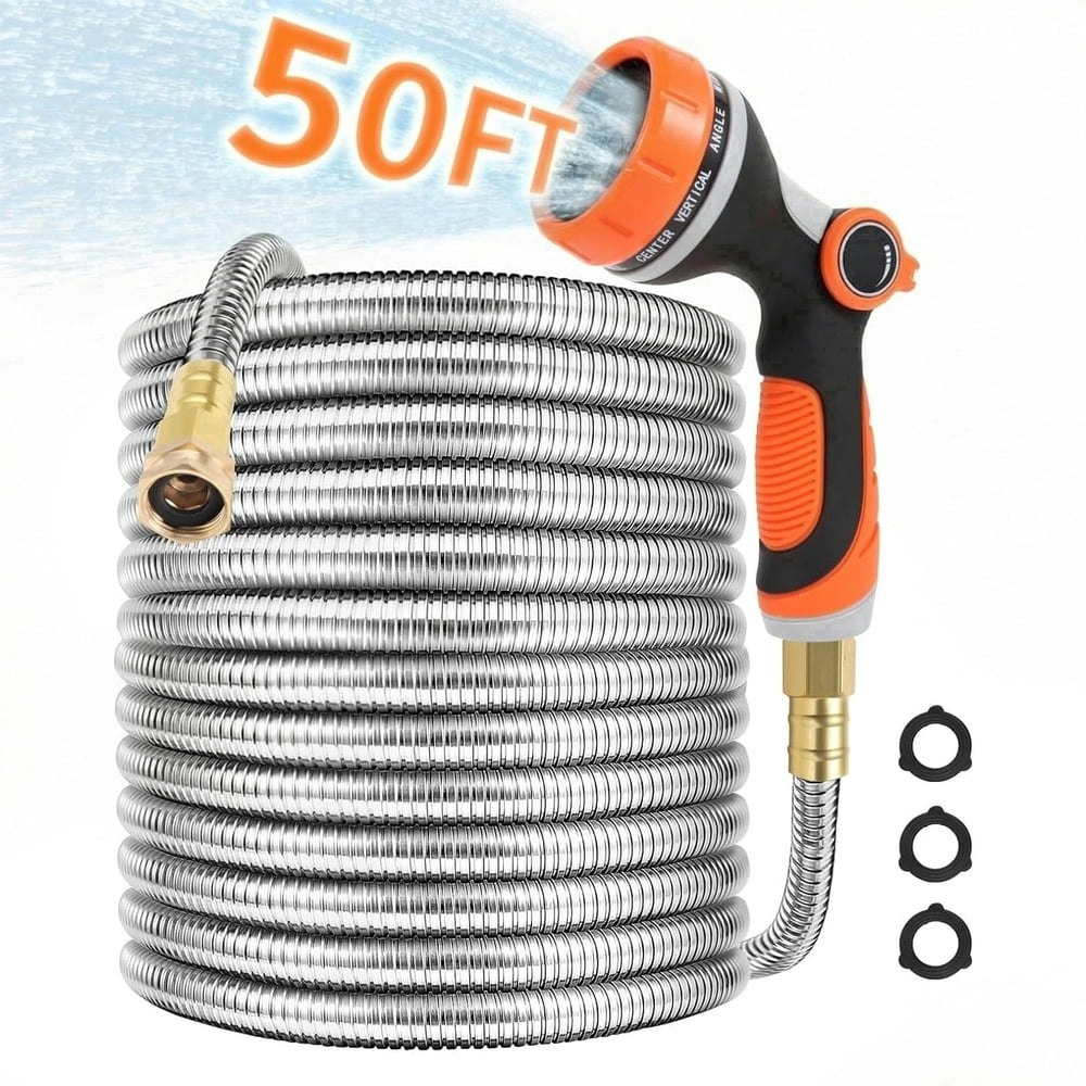 Koymisku 50-Foot Stainless Steel Garden Hose with 10-Mode Nozzle: $29.89 Koymisku 50-Foot Stainless Steel Garden Hose with 10-Mode Nozzle: $29.89