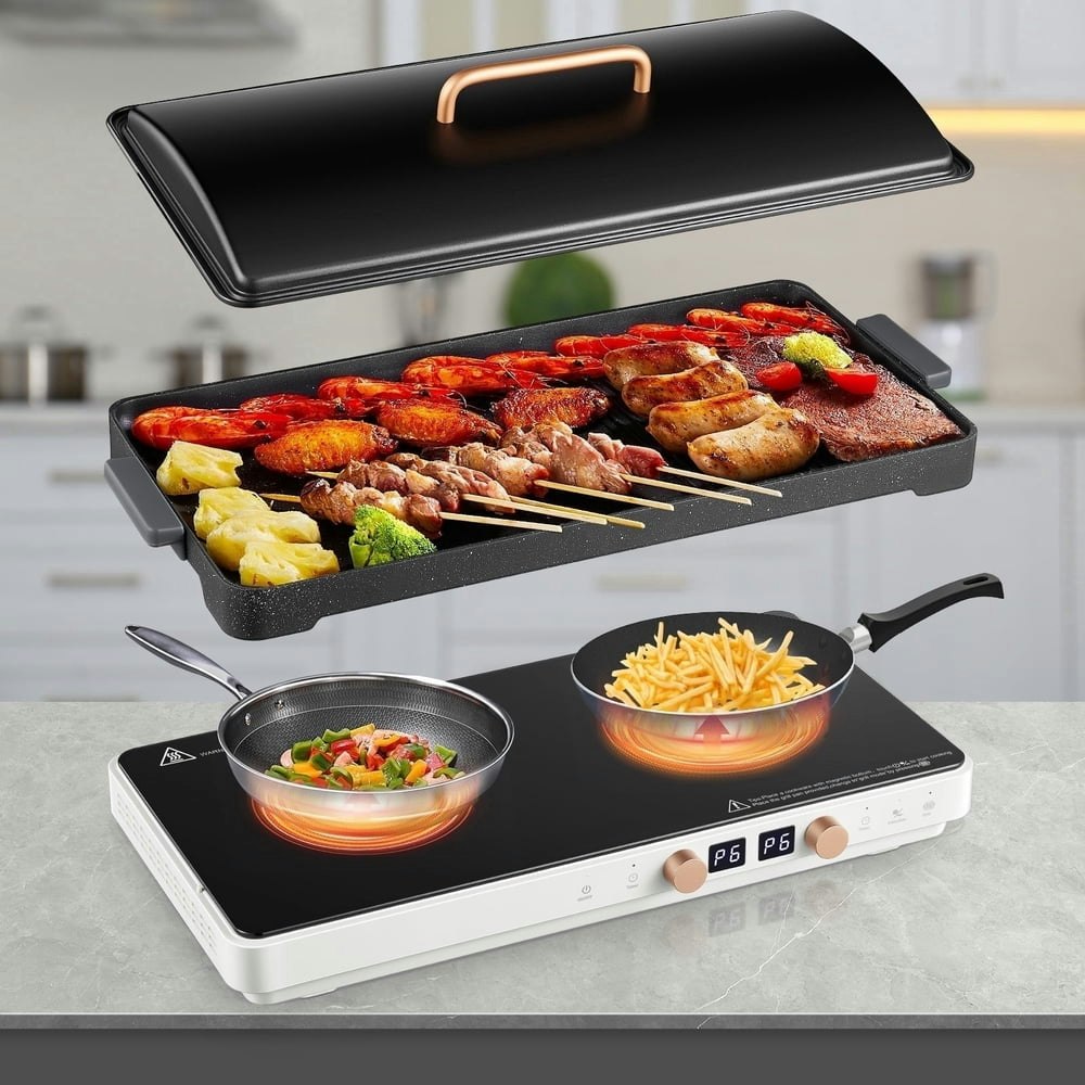 1,800W 2-Burner Induction Cooktop with Griddle Pan: $132.99