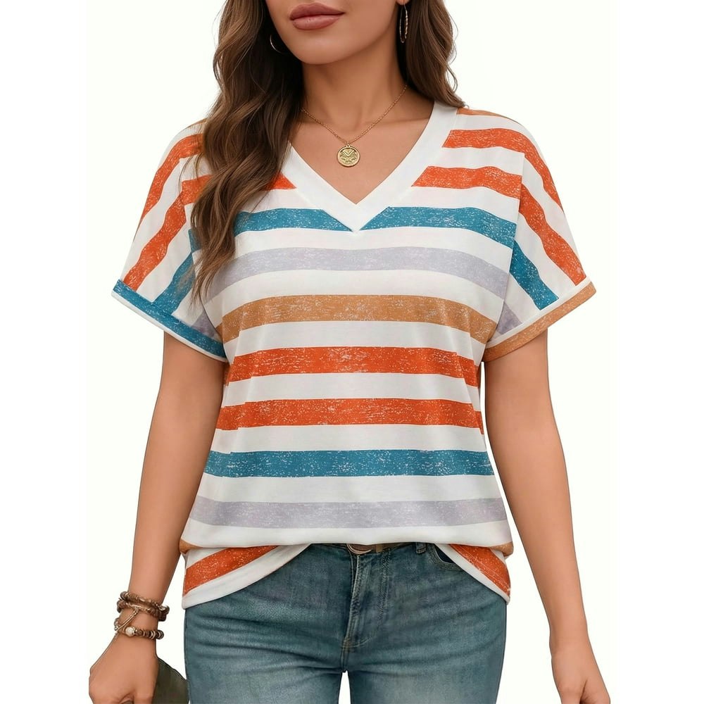 Moyiko Women's Short Sleeve Striped V-Neck T-Shirt: $13.98