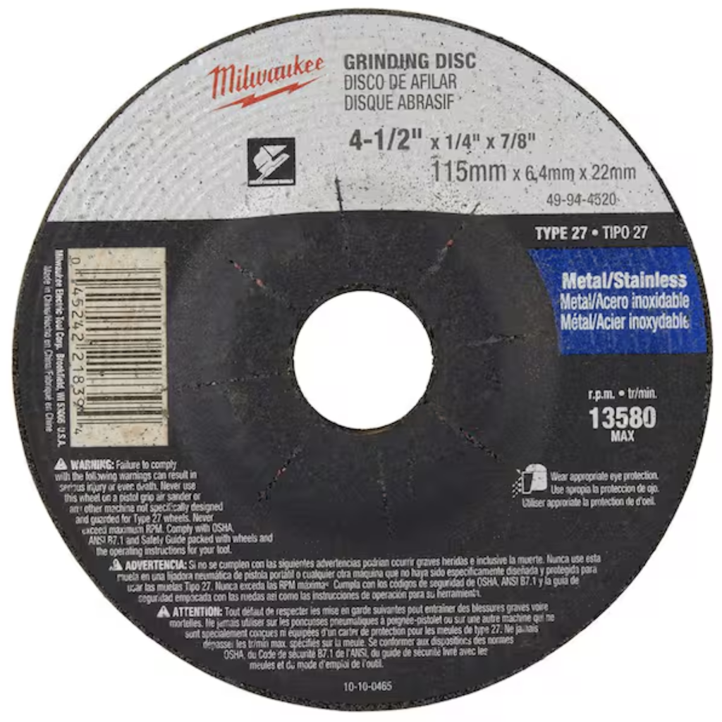 Milwaukee 4-1/2" x 1/4" x 7/8" Grinding Wheel: $1.70