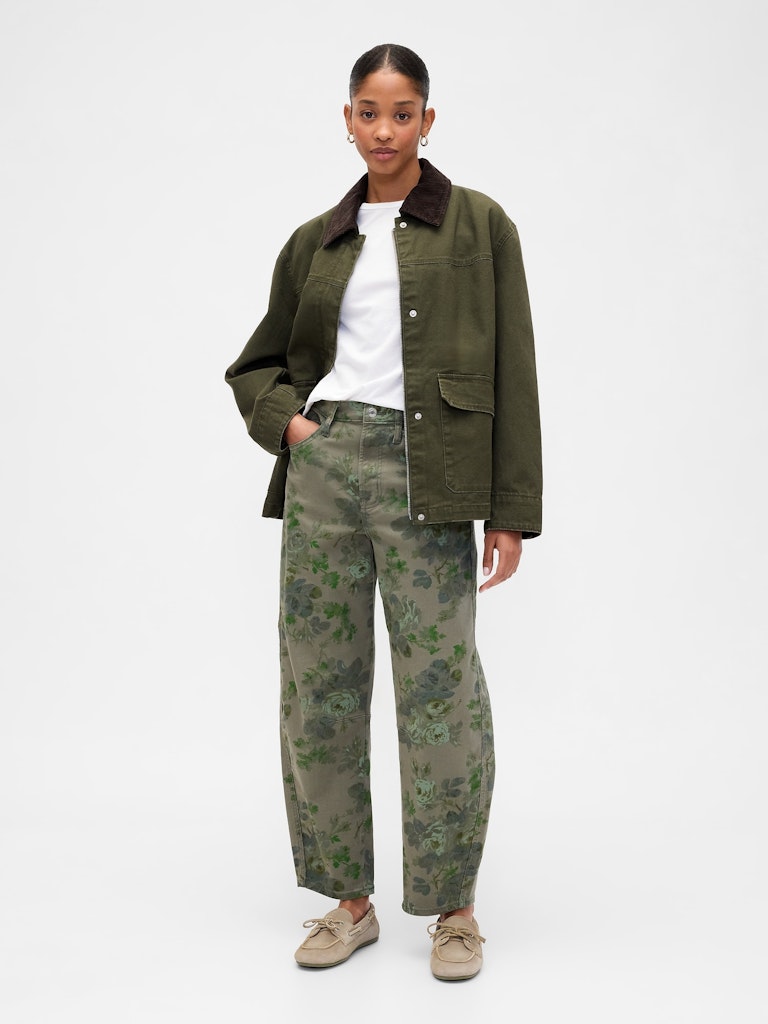 High Rise Print Barrel Jeans: $54.99