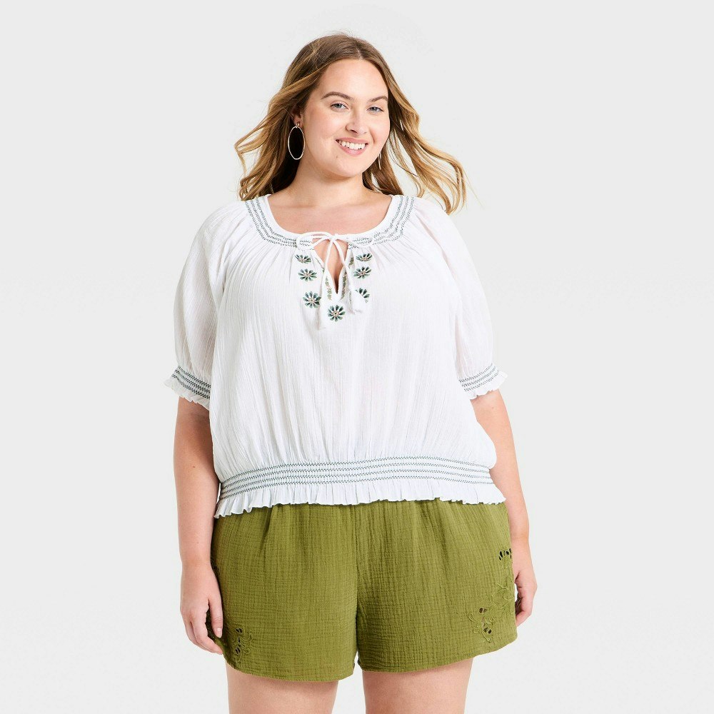 Universal Thread Women's Puff Short Sleeve Embroidered V-Neck Blouse: $28 Universal Thread Women's Puff Short Sleeve Embroidered V-Neck Blouse: $28