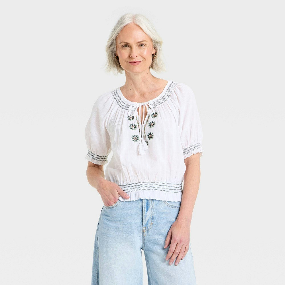 Universal Thread Women's Puff Short Sleeve Embroidered V-Neck Blouse: $28 Universal Thread Women's Puff Short Sleeve Embroidered V-Neck Blouse: $28