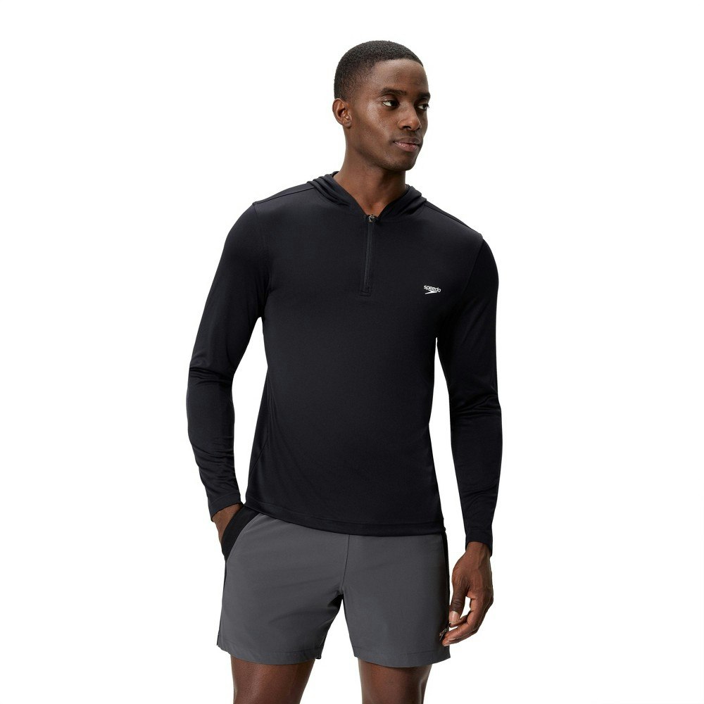Men's Speedo Half-Zip Hooded Rash Guard Swim Shirt: $40 Men's Speedo Half-Zip Hooded Rash Guard Swim Shirt: $40