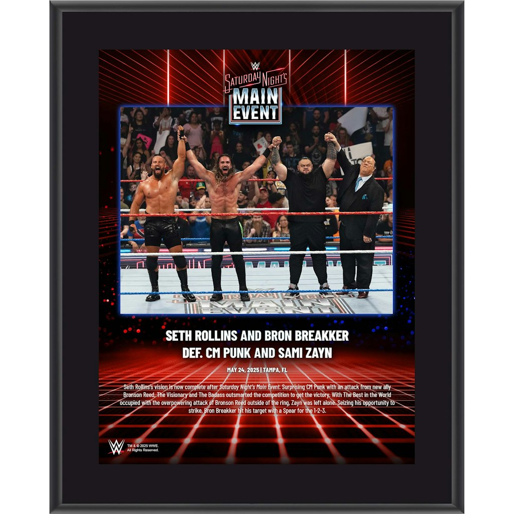 Seth Rollins & Bron Breakker WWE 10.5" x 13" Saturday Night's Main Event Sublimated Plaque: $29.99 Seth Rollins & Bron Breakker WWE 10.5" x 13" Saturday Night's Main Event Sublimated Plaque: $29.99
