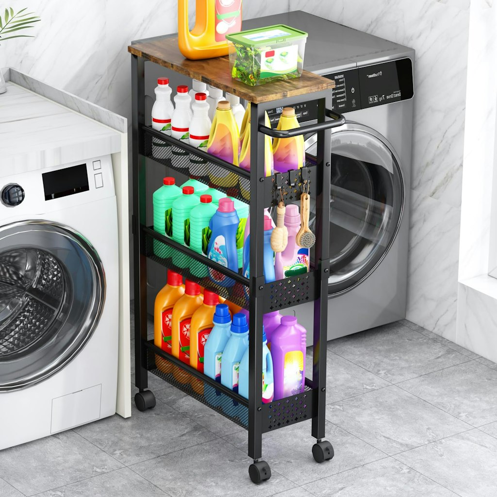 4-Tier Slim Rolling Storage Cart w/ Wood Top: $29.97 4-Tier Slim Rolling Storage Cart w/ Wood Top: $29.97