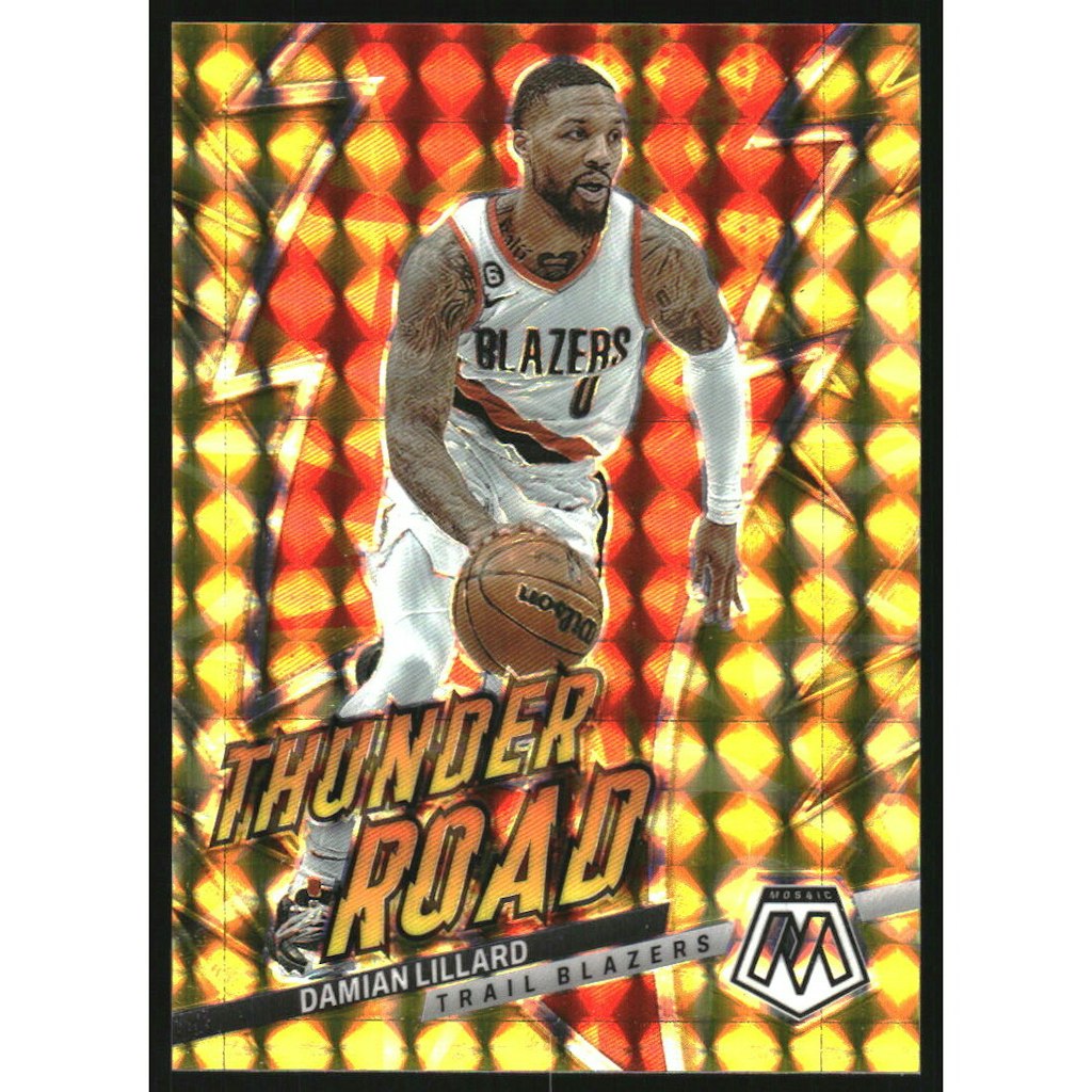2022-23 Panini Mosaic Damian Lillard Thunder Road Reactive Yellow Card #18: $18 2022-23 Panini Mosaic Damian Lillard Thunder Road Reactive Yellow Card #18: $18