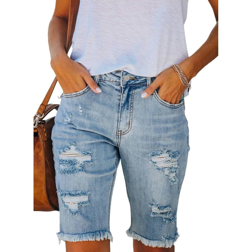 Dokotoo Women's Mid Rise Ripped Denim Bermuda Shorts: $25.99 Dokotoo Women's Mid Rise Ripped Denim Bermuda Shorts: $25.99