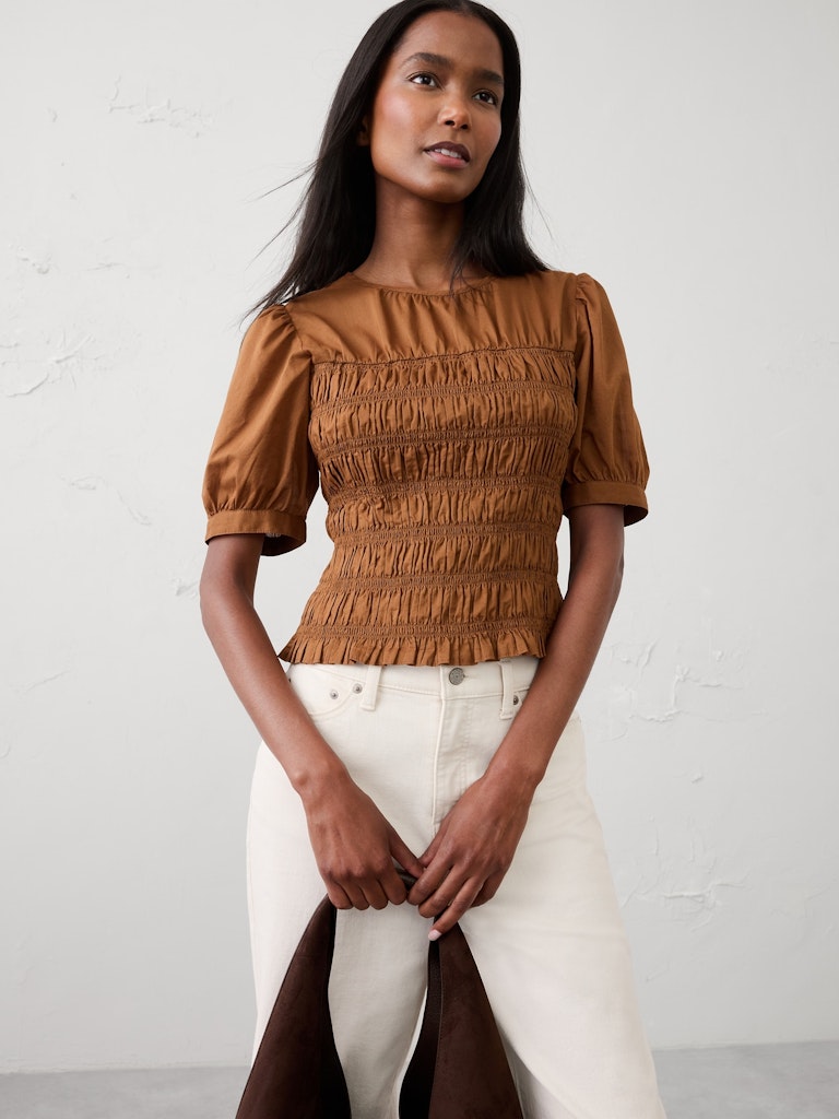 High-Neck Smocked Cropped Top: $42.50