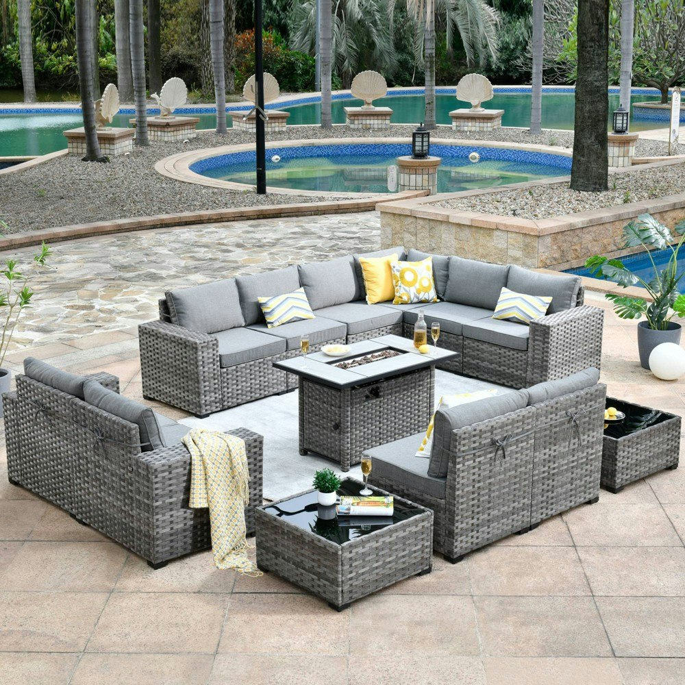 Ovios Marlton 13-Piece Wicker Patio Furniture Set with Fire Pit: $2,149.99