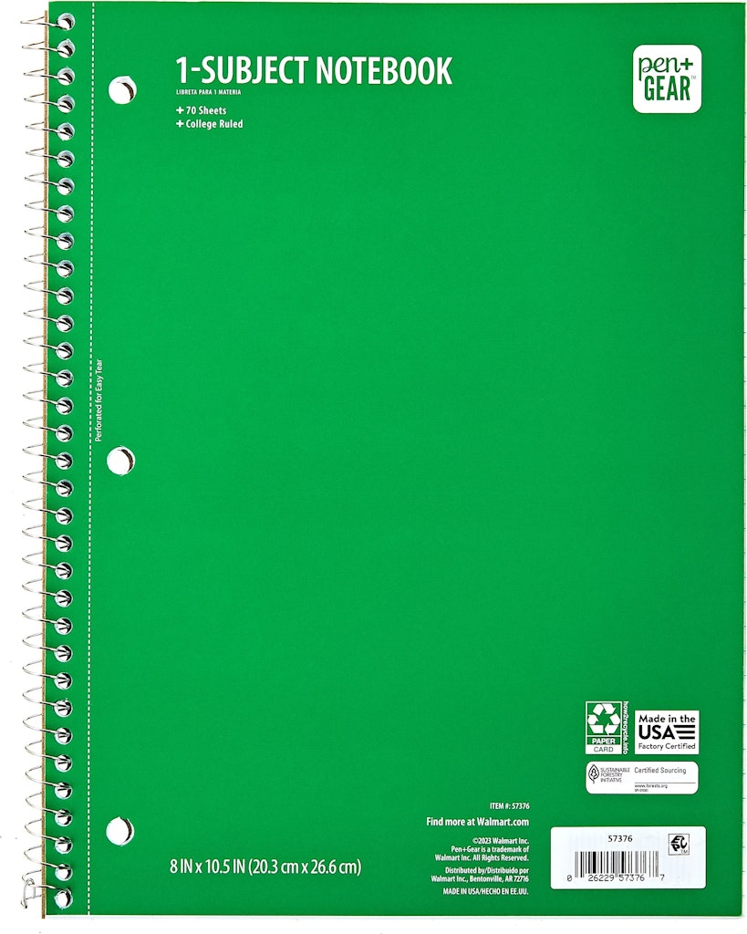 Pen+Gear College Ruled 1-Subject Notebook: 35 cents