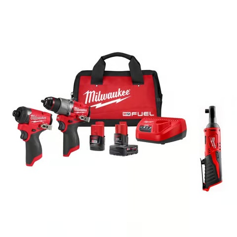 Milwaukee M12 FUEL 2-Tool Drill & Impact Combo Kit + 3/8" Ratchet Bundle:  $249 