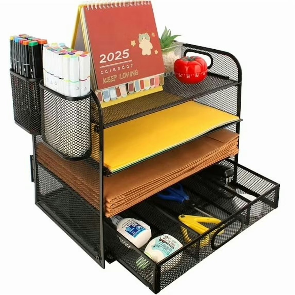 4-Tier Metal Desktop File Organizer w/ Drawer: $21