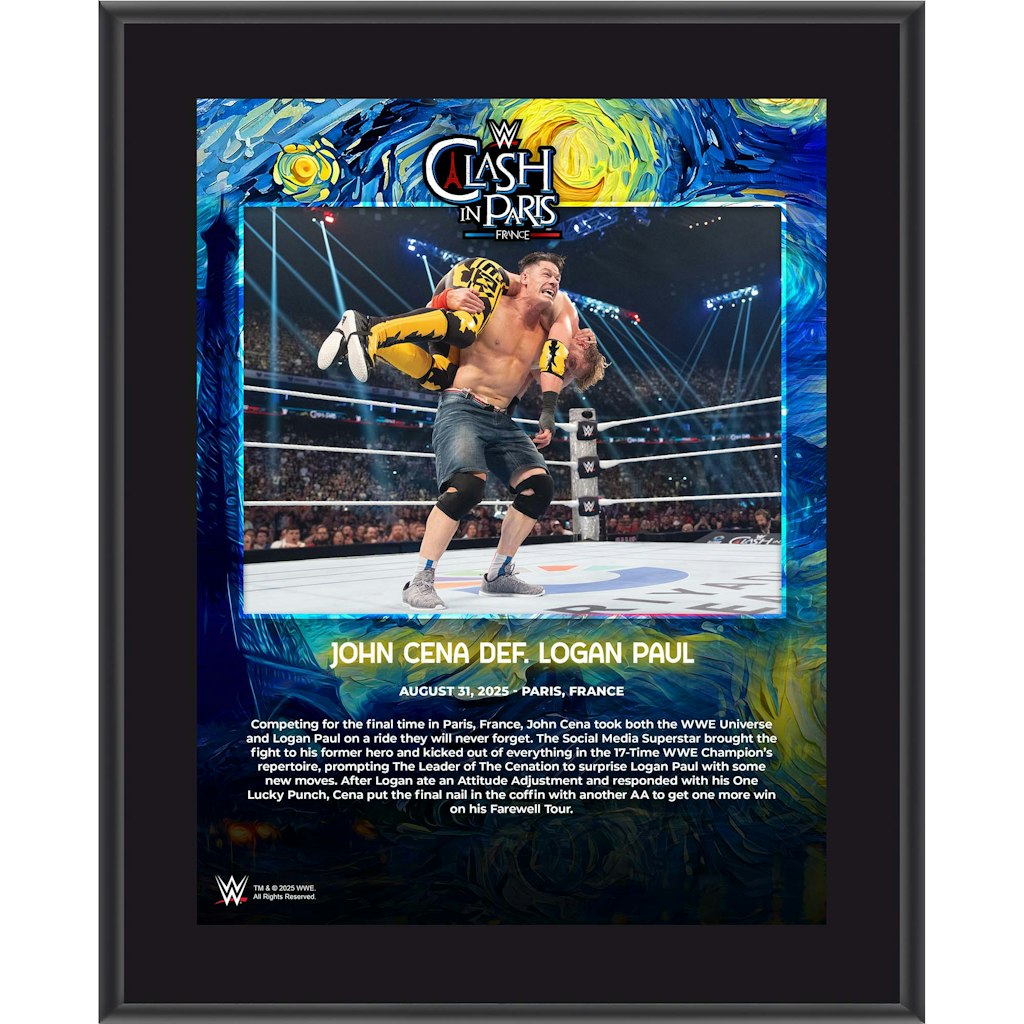 John Cena WWE 10.5" x 13" Clash In Paris 2025 Sublimated Plaque: $29.99 John Cena WWE 10.5" x 13" Clash In Paris 2025 Sublimated Plaque: $29.99