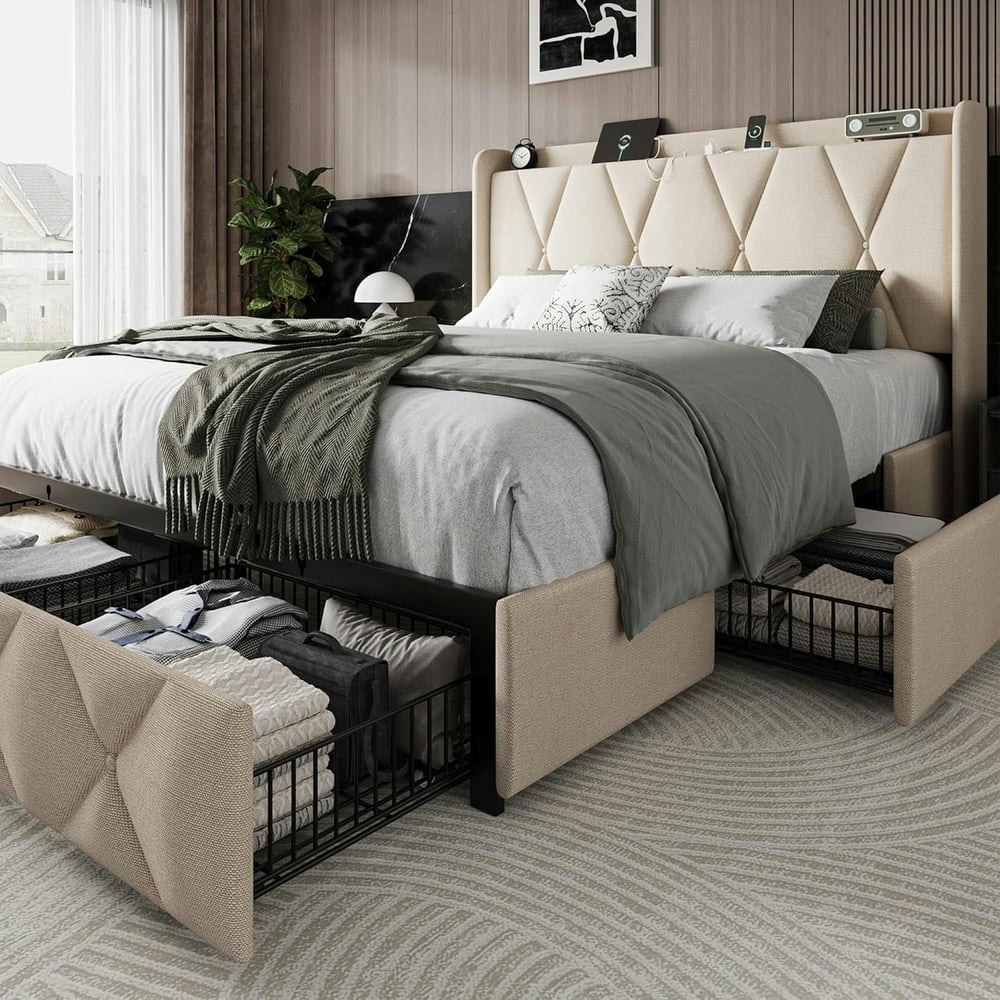 iPormis Full Bed Frame with Charging Station and 4 Storage Drawers: $159.98
