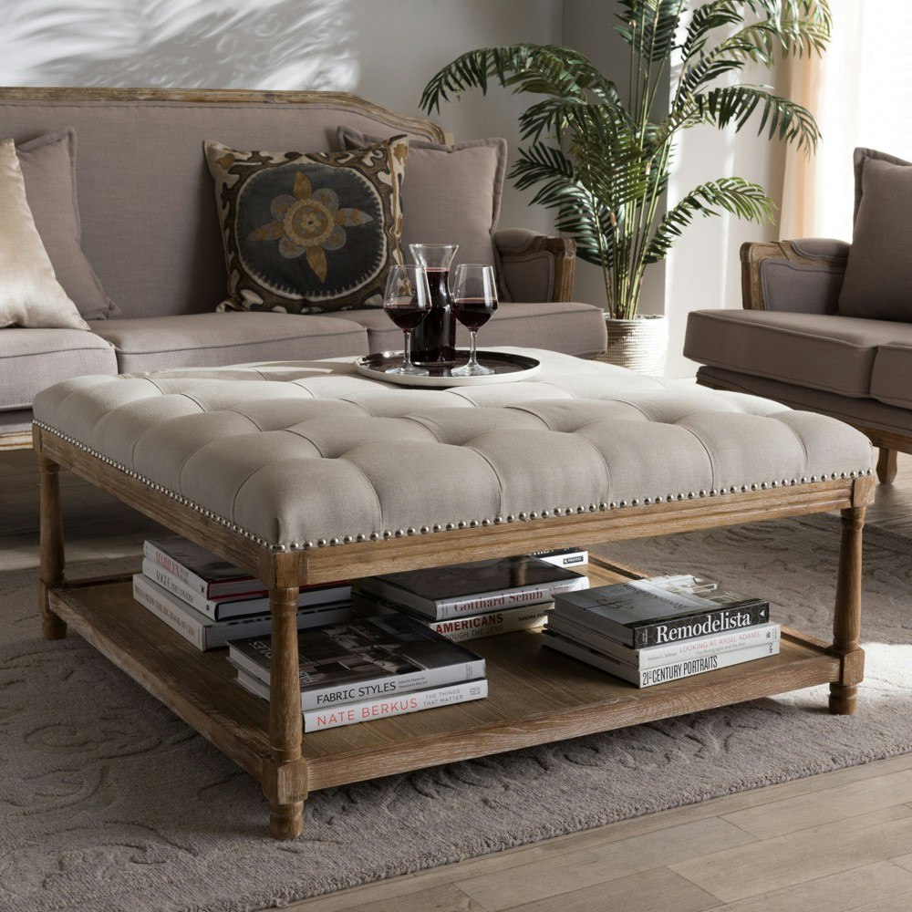 Carlotta French Country Weathered Oak and Linen Square Coffee Table Ottoman: $489.99