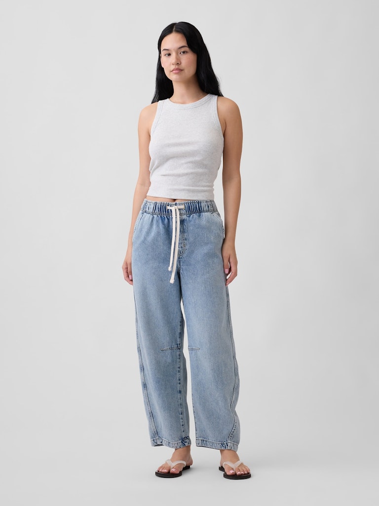 Mid Rise Pull-On Barrel Jeans: $39.99