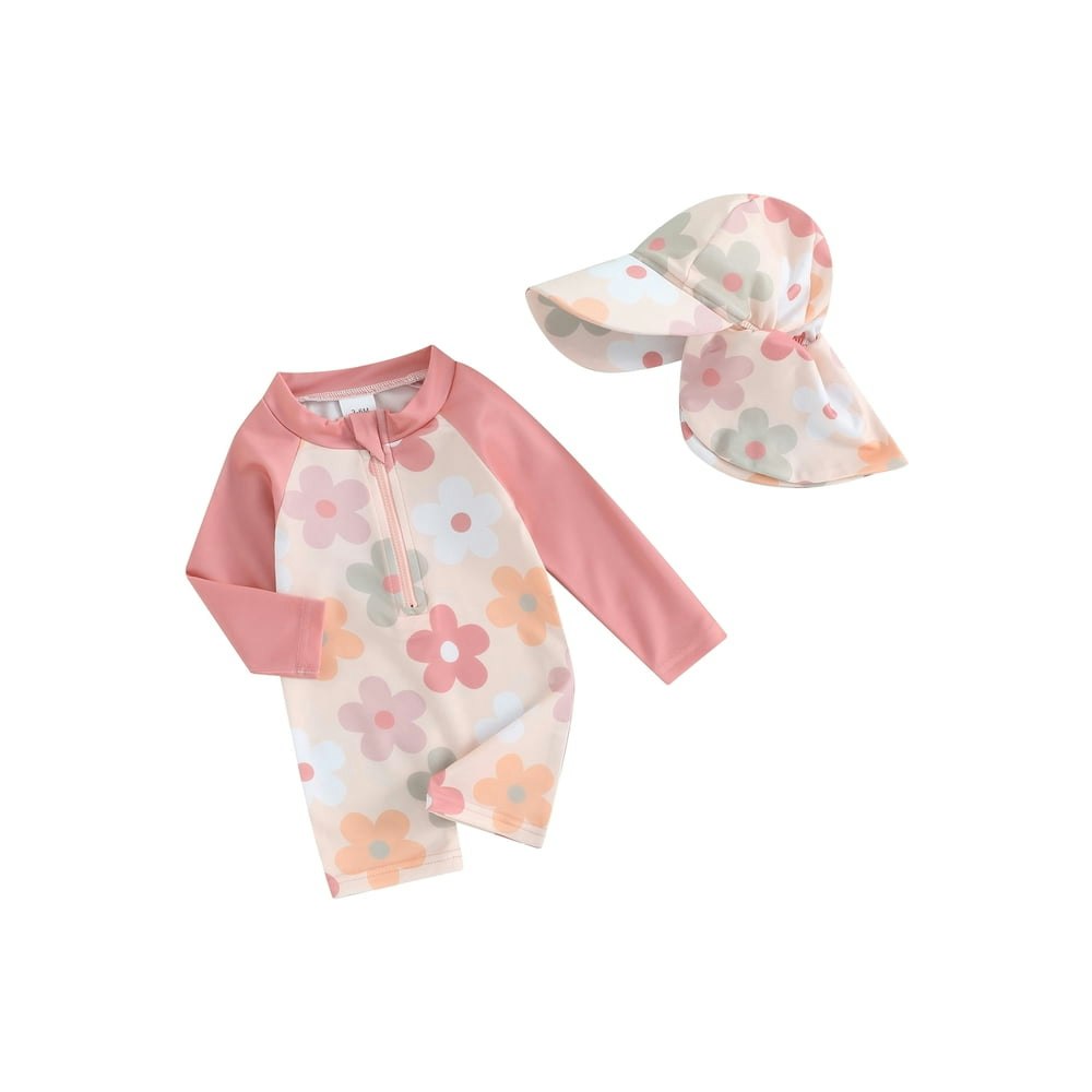 Loicainy Toddler Girls Floral Print Long-Sleeve Swimwear with Hat: $13.86