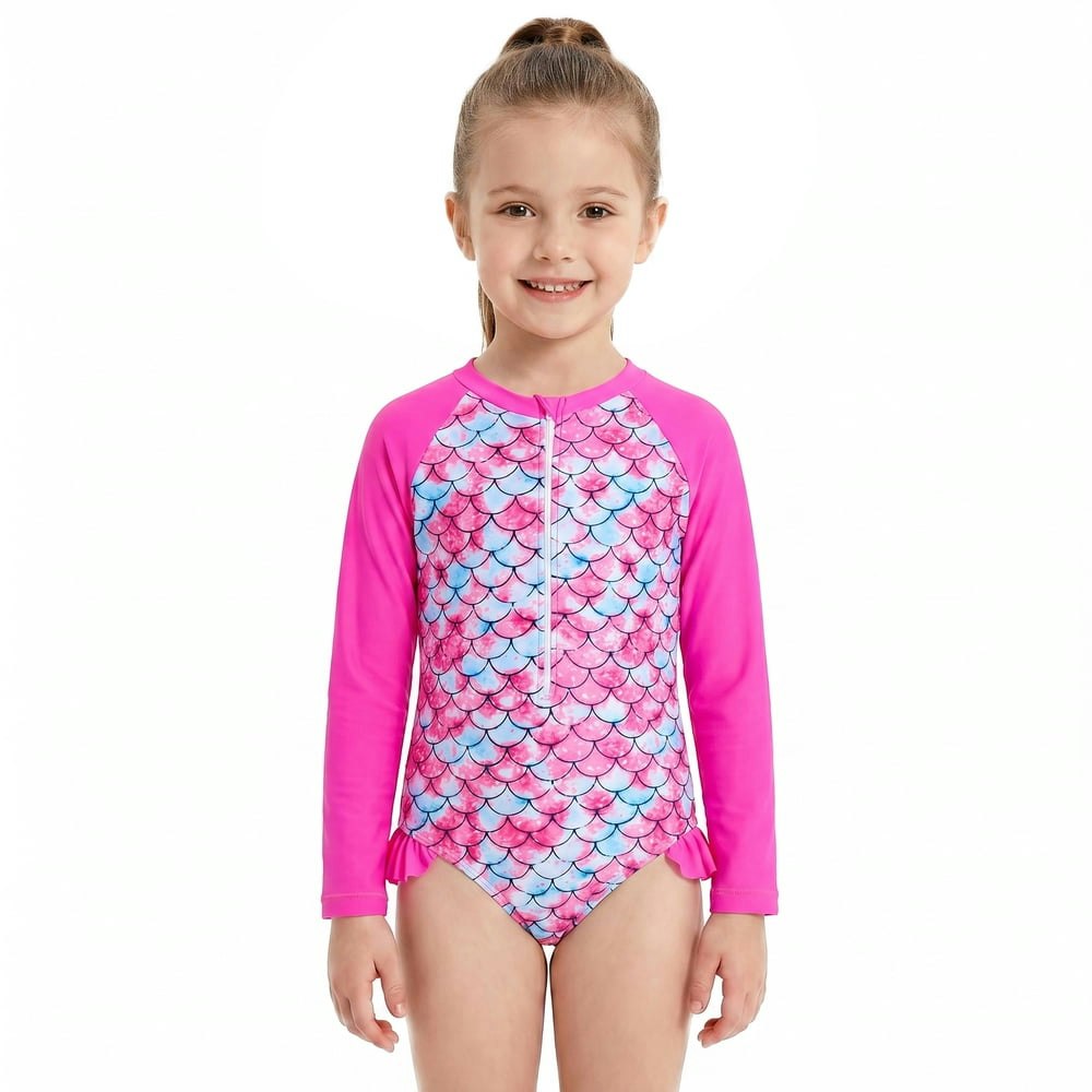 Girls' Mermaid Scale Long Sleeve Rash Guard One-Piece Swimsuit: $13.49