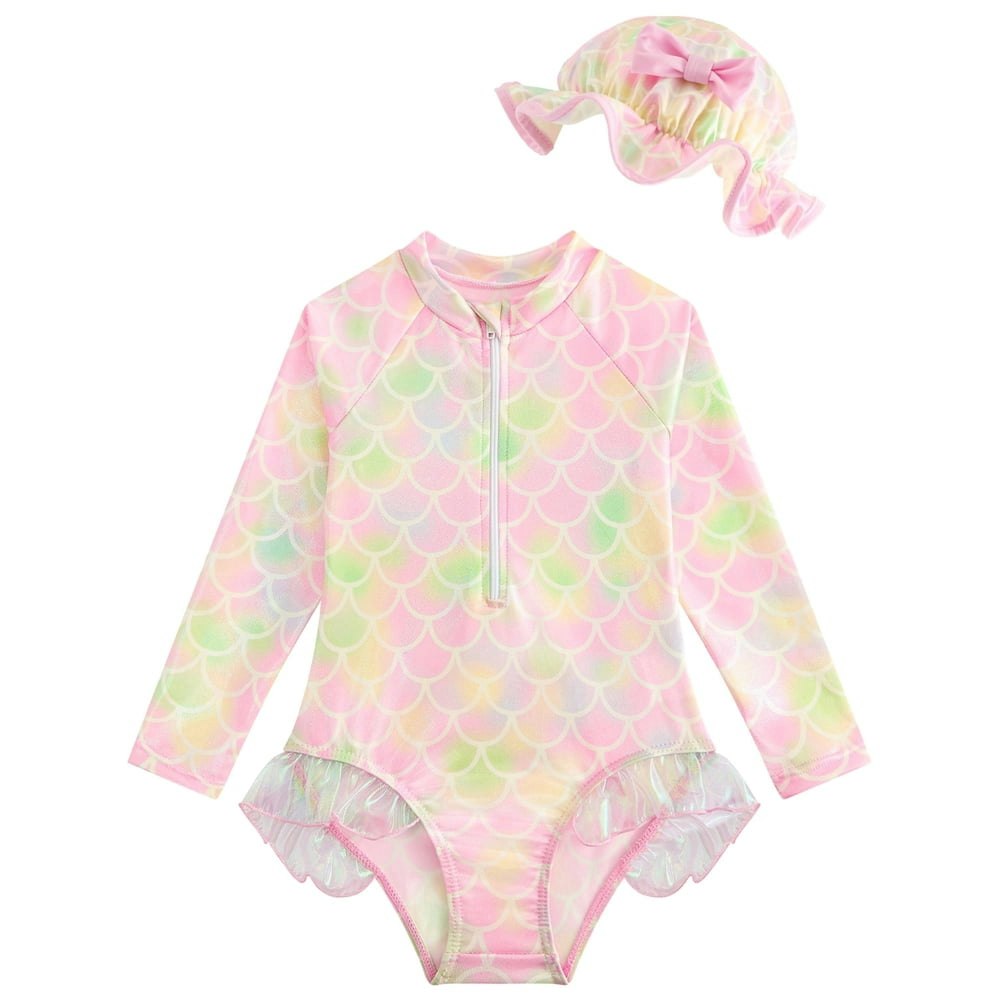 Girls' Long-Sleeve Rash Guard Swimsuit and Hat Set: $13.99 Girls' Long-Sleeve Rash Guard Swimsuit and Hat Set: $13.99
