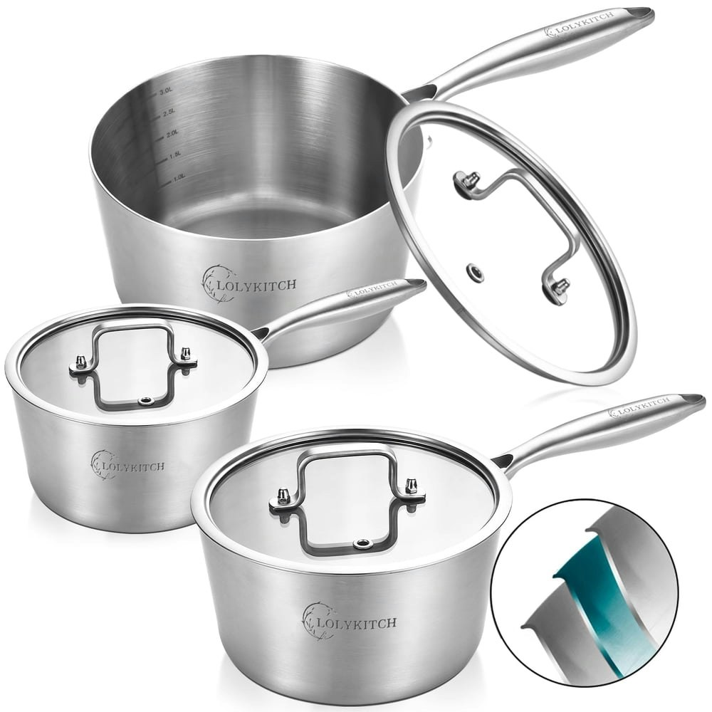 Lolykitch Tri-Ply Stainless Steel Saucepan 3-Piece Set: $49.99 Lolykitch Tri-Ply Stainless Steel Saucepan 3-Piece Set: $49.99