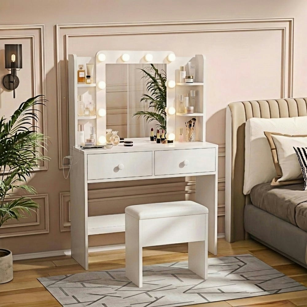 Haewon 33-Inch Makeup Vanity Desk with Mirror, Lights, Stool, and Power Outlet: $113.99 Haewon 33-Inch Makeup Vanity Desk with Mirror, Lights, Stool, and Power Outlet: $113.99