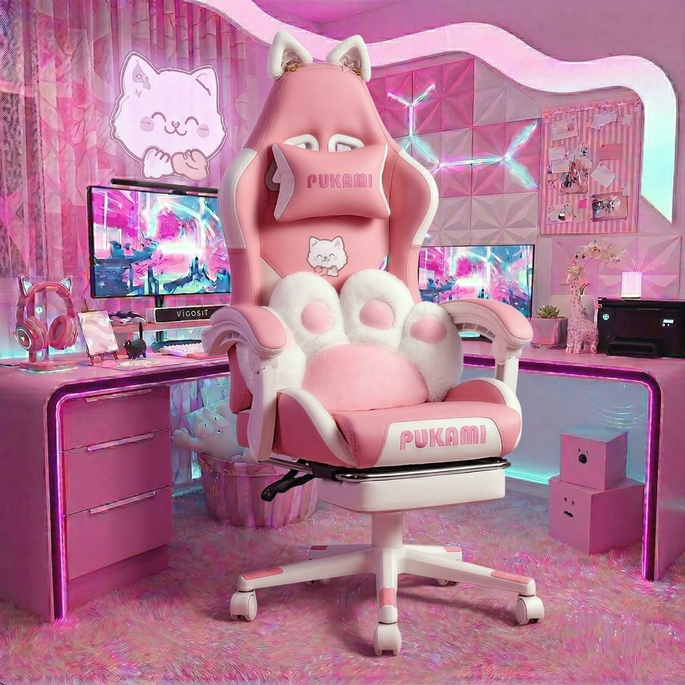 Bossin Pink Ergonomic Gaming Chair with Cat Paw Cushion: $129.90
