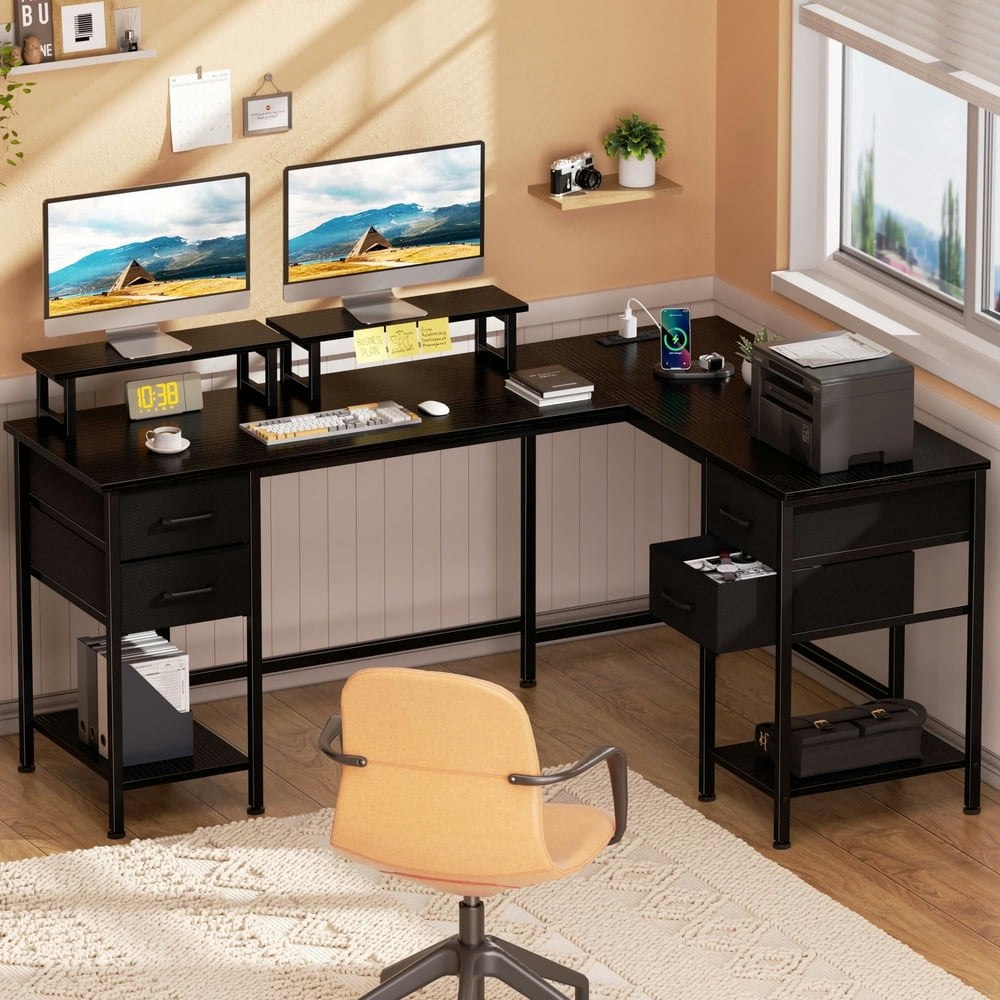 Satifur 59-Inch L-Shaped Desk with Power Outlets and Fabric Drawers: $52.99