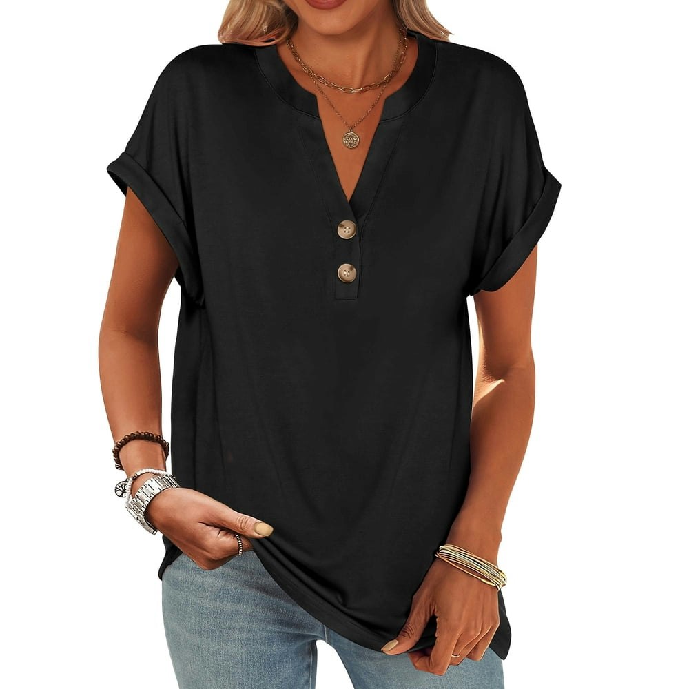 Anrabess Women's Short Sleeve Henley V-Neck Blouse: $10