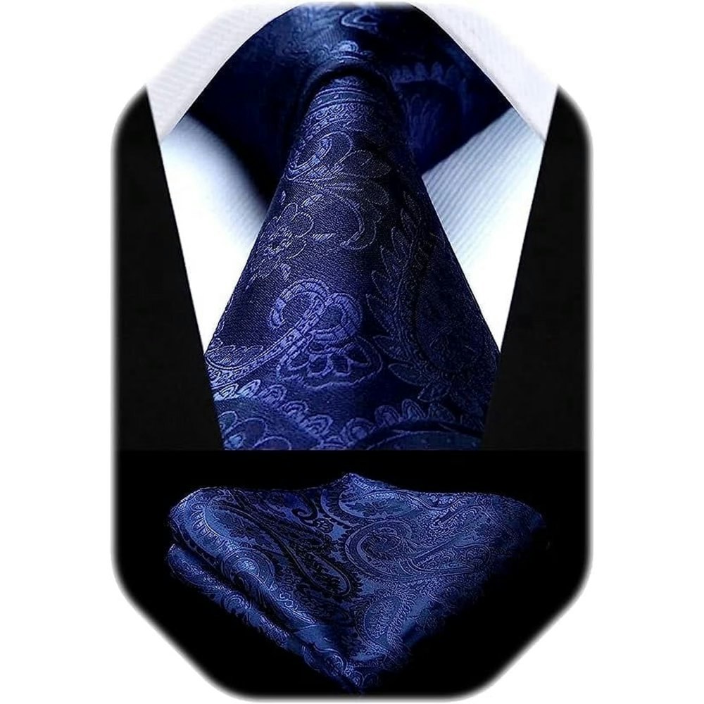 Hisdern Navy Blue Paisley Tie and Pocket Square Set: $14.79 Hisdern Navy Blue Paisley Tie and Pocket Square Set: $14.79